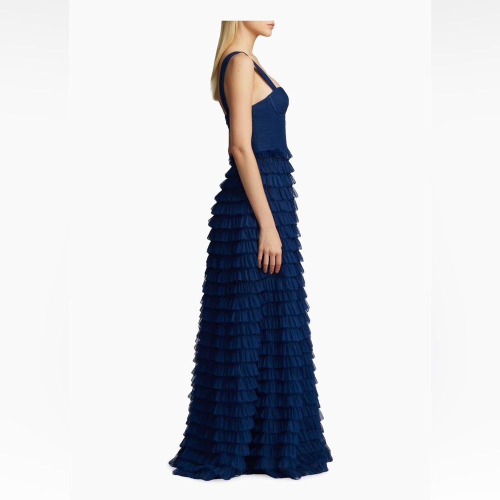 sachin and babi light blue dress Wrapped in glamour in this rich aquamarine satin with a stunning floral  appliqué. #ZacPosenWorld